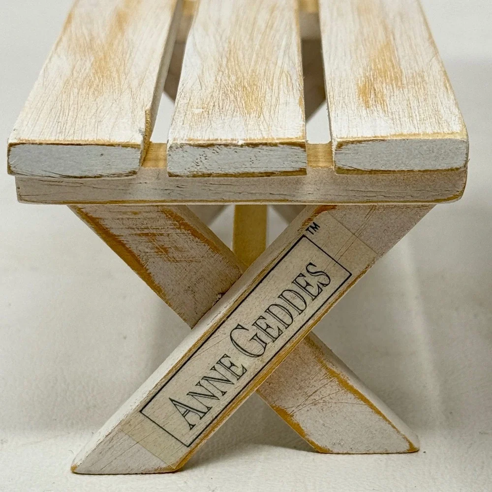 Anne Geddes Enesco Miniature Picnic Table Bench Set White Wood Gingham Prop